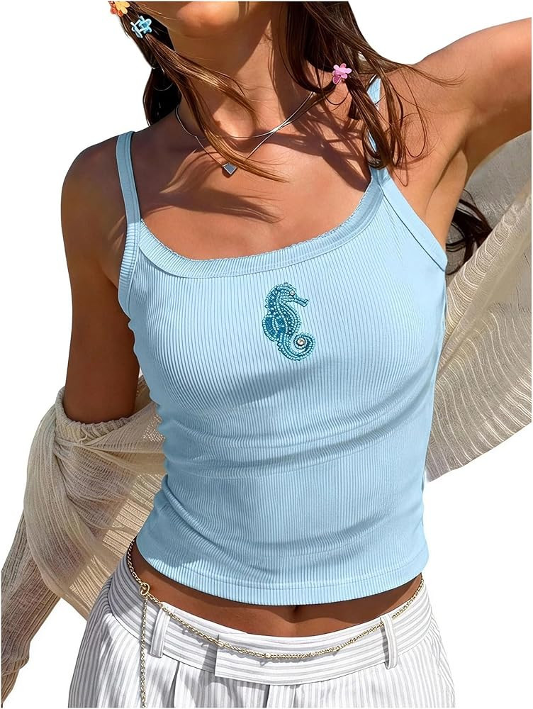 RoseSeek Women's Floral Embroidery Camisole Spaghetti Strap Ribbed Knit Tops Slim Fit Crop Tops | Amazon (US)