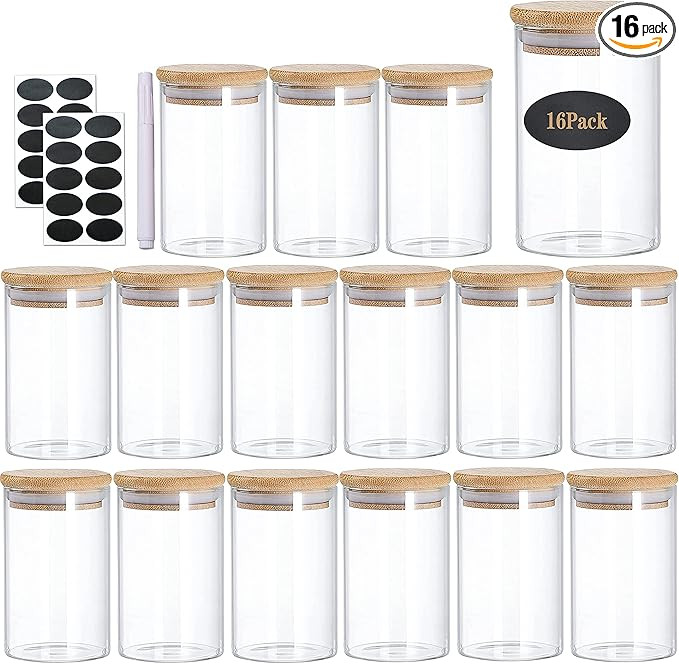 Glass Jars With Bamboo Lids Set, Glass Jars With Wood Lids 8 oz, Large Spice Jars, Glass Storage ... | Amazon (US)