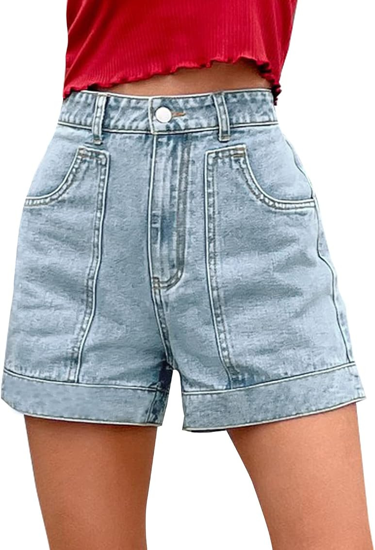 Kate Kasin Women's Summer Casual High Waisted Denim Shorts Workout Wide Leg Jean Shorts with Pockets | Amazon (US)