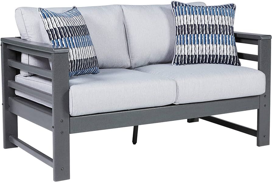 Signature Design by Ashley Outdoor Amora HDPE Patio Loveseat with Cushion, Charcoal Gray | Amazon (US)