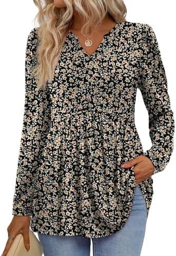 WIHOLL Womens Tops Long Sleeve Fall Shirts Babydoll Peplum Tops for Women V Neck Tunic Dressy Cas... | Amazon (US)