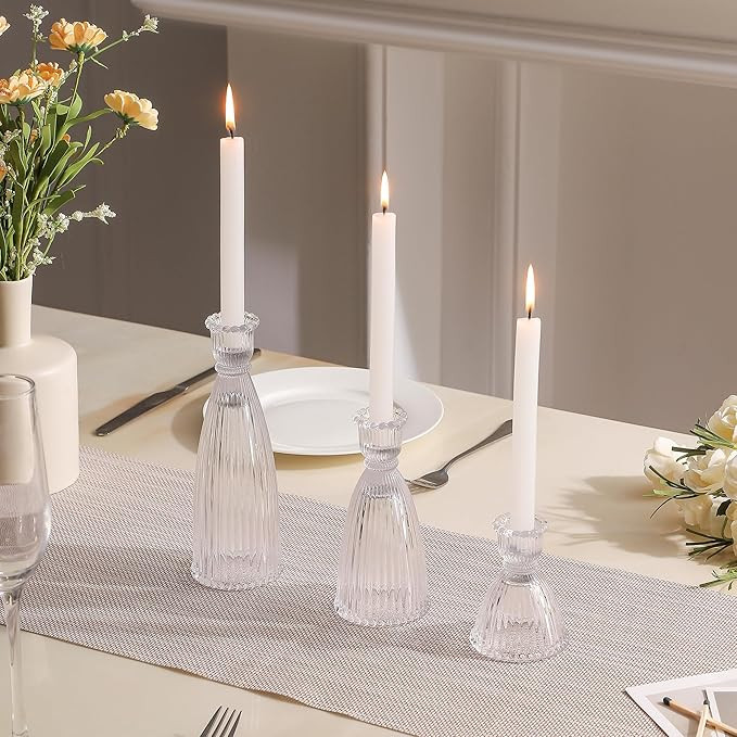 Vertical Stripe Candlestick Holders Set of 3, Premium Glass Candle Holders for Candlesticks and T... | Amazon (US)