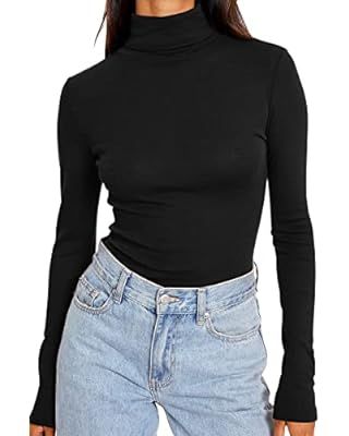MANGOPOP Women's Mock Turtle Neck Slim Fit Long Half Short Sleeve T Shirt Tight Tops Tee | Amazon (US)