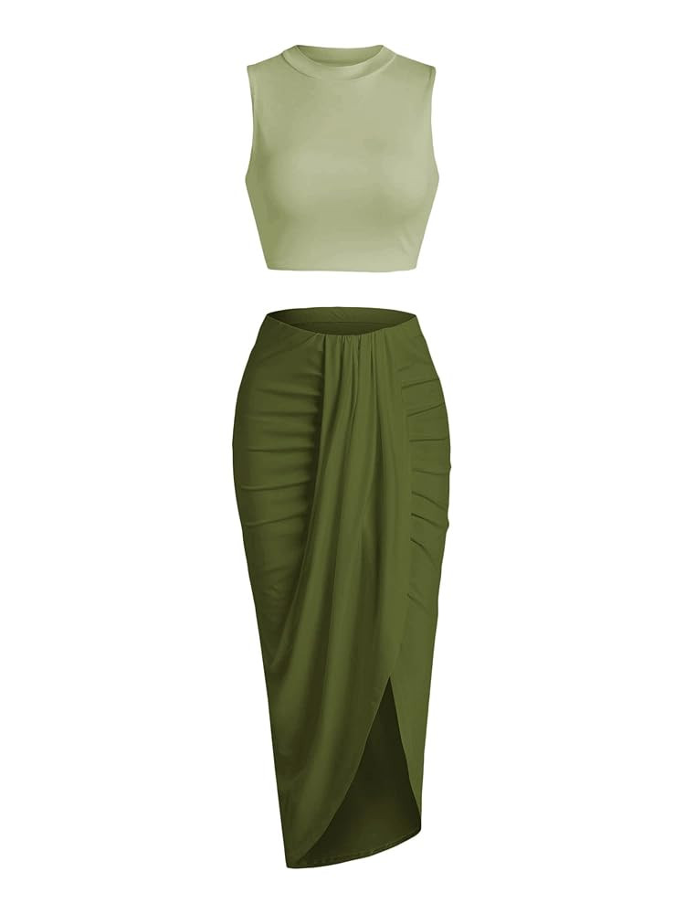 ZAFUL Women's Casual Sleeveless Summer Two Piece Outfits Crop Top and Side Split Draped Ruched Ma... | Amazon (US)
