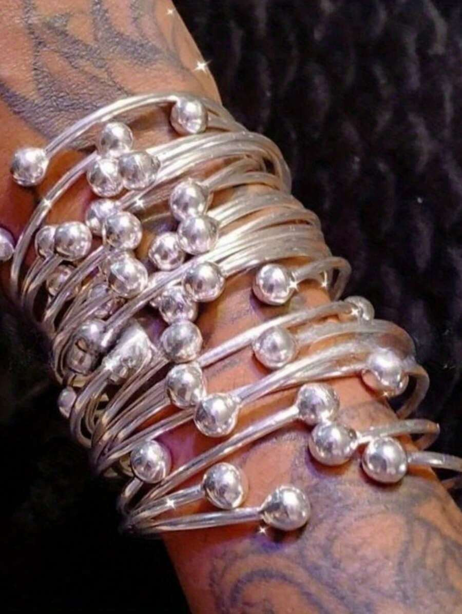 5pcs/10pcs Vintage Bohemian Style Thick Bangle Bracelets, 10mm Silver Ball Beaded Bracelets, Boho... | SHEIN