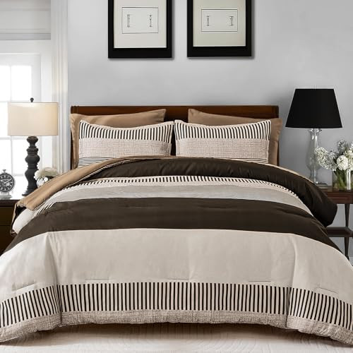 Cottolester Queen Comforter Set 7 Pieces,Dark Brown Striped Design Comforter Set,Classic Bedding Sets for College,Simple Neutral-Style Comfortable Comforter Set | Amazon (US)
