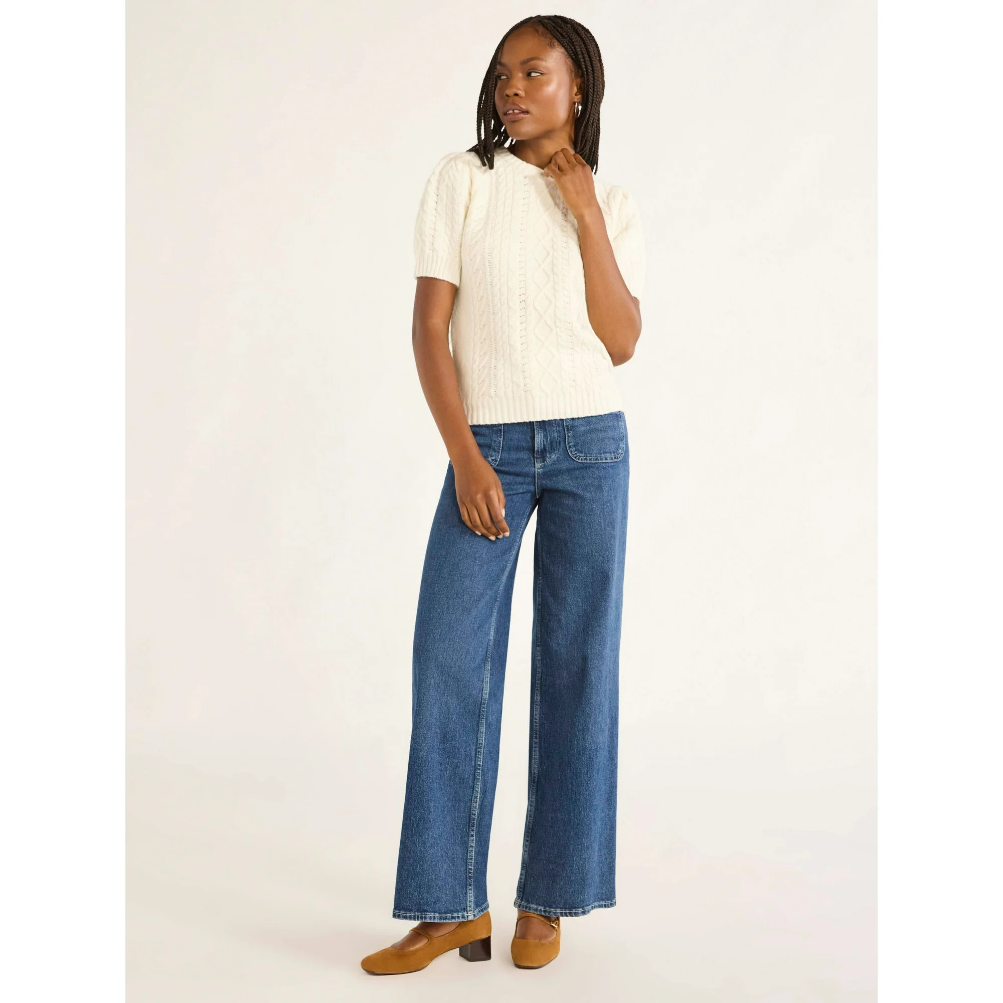 Free Assembly Women's Cable Knit Sweater with Short Puff Sleeves, Sizes XS-XXL | Walmart (US)