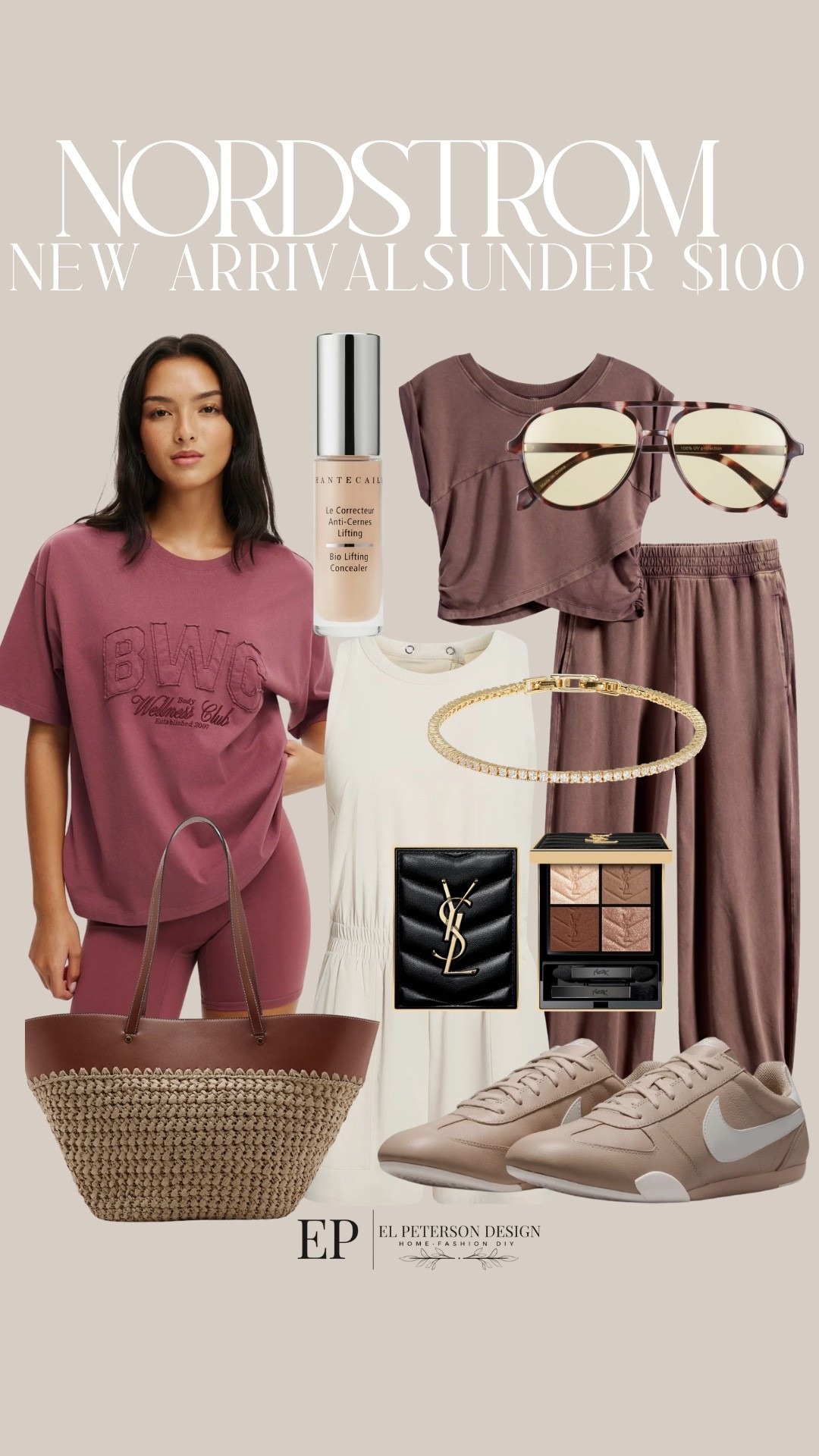 Nordstrom 
New Arrivals Under $100
2 pc outfit
Bracelet
Sunglasses
Sneakers
Eye shadow
Shirt
Purse
Romper