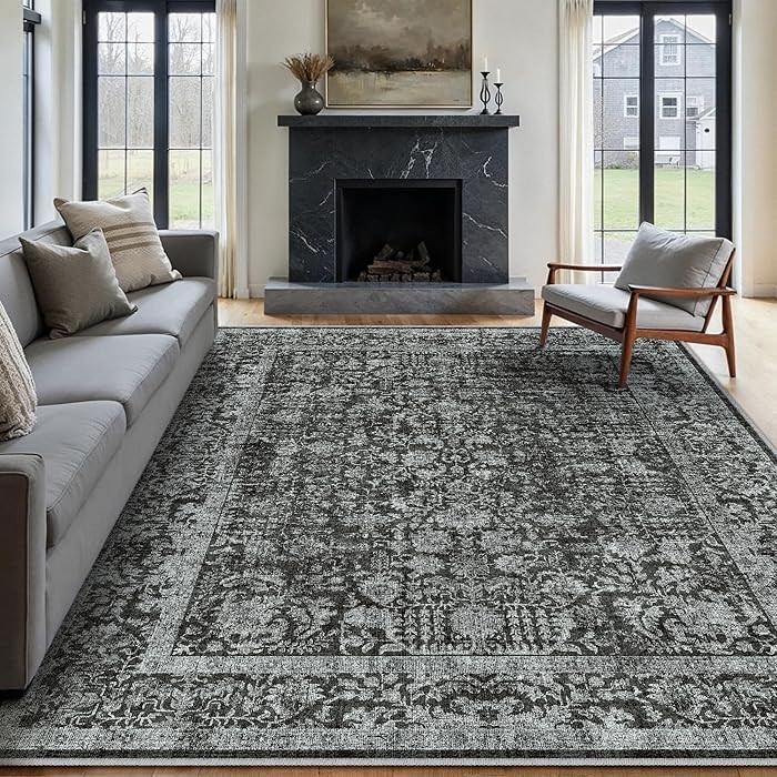 Dark Black Area Rug 8x10 Machine Washable Large Vintage Living Room Distressed Non Slip Carpet Tr... | Amazon (US)