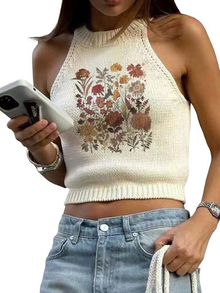 SHENHE Women's Floral Knit Halter Crop Top Crew Neck Sleeveless Retro Tank Tops | Amazon (US)
