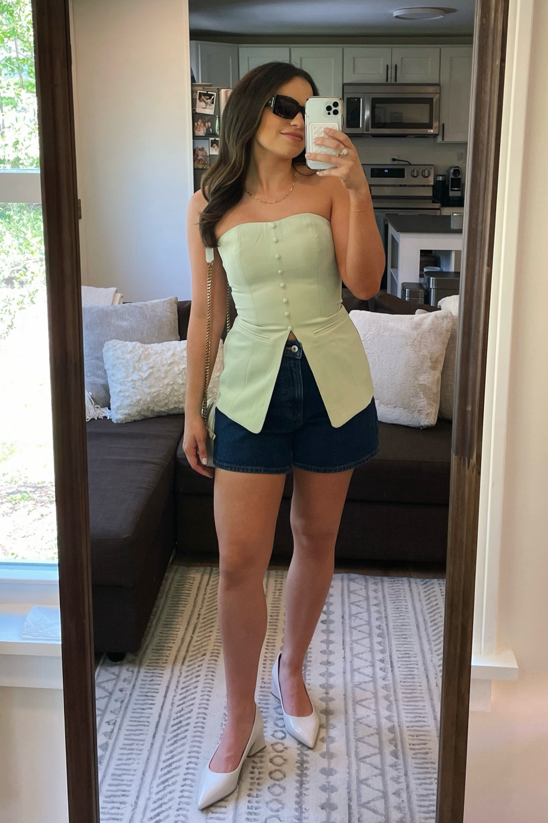 Spring OOTD!

Abercrombie denim, Abercrombie shorts, high rise dad shorts, spring outfit, tailored strapless top, Peppermayo, pointed toe heels, short heels, work heels, Franco Sarto, DIFF eyewear, rectangular sunglasses