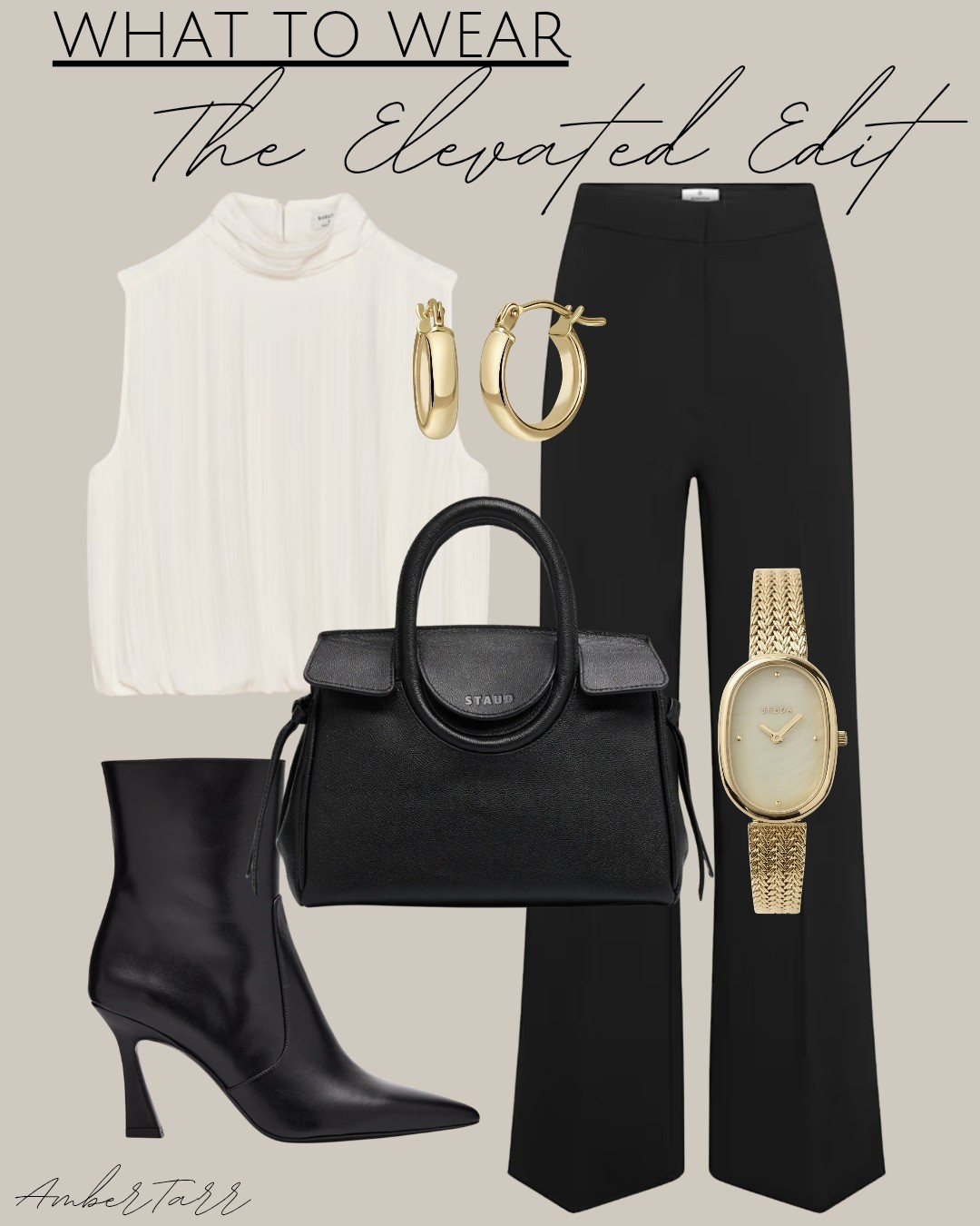 A polished, timeless look featuring a draped cream sleeveless blouse, tailored black trousers, sleek heeled ankle boots, a structured black top-handle bag, bold gold hoops, and a minimal gold watch. Effortless, elevated, and perfect for work, dinner, or any chic day-to-night moment.

#LTKOver40 #LTKmomlife #LTKootd