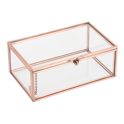 Hipiwe Vintage Glass Keepsake Box Rectangle Jewelry Display Organizer Lidded Box Home Decor Glass Decorative Box for Trinket Rings Earrings Bracelet, Rose Gold, Small | Amazon (US)