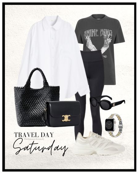 travel outfit, travel style, vacation style, airport outfit, leggings outfit, Nike air max dawn, braided leather bag, Amazon bag, Amazon dupe, Apple Watch strap, celine sunglasses, triomphe sunglasses, cream blazer, black shirt, blazer cuffs 

#LTKstyletip #LTKeurope #LTKtravel