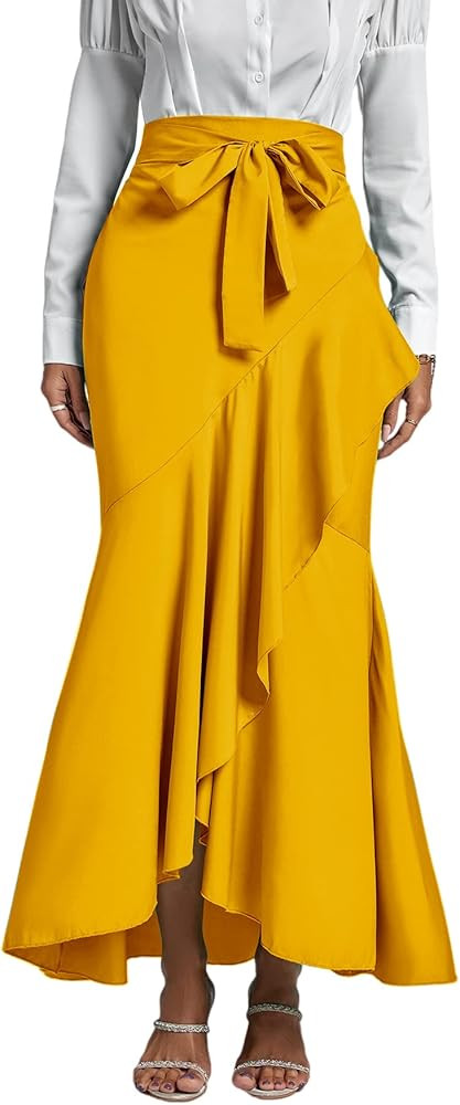 LYANER Women's Tie Waist Ruffle Wrap Mermaid Fishtail Hem High Waist Long Maxi Skirt | Amazon (US)