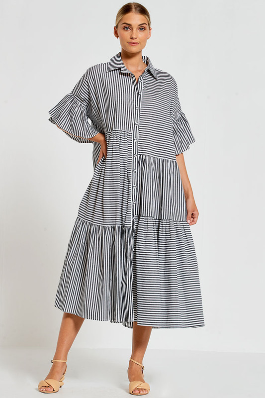 Genoa Midi Dress In Black & White Stripe | Bohemian Traders