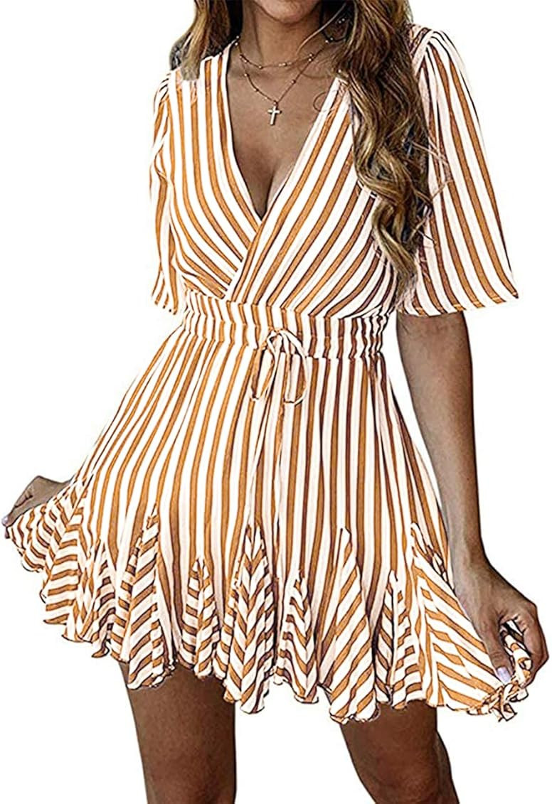 PRETTYGARDEN Women's Summer Deep V Neck Short Sleeve Striped Wrap Ruffle Hem Pleated Mini Dress | Amazon (US)
