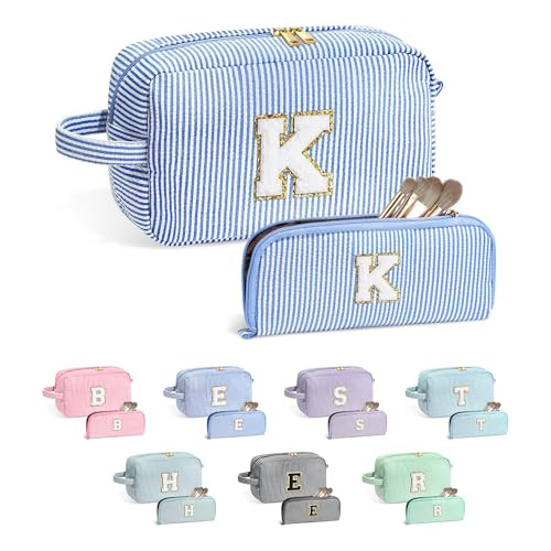YOOLIFE Makeup Bag for Women - Monogram Cute Initial Blue Makeup Bag Cosmetic Toiletry Pouch Make Up Case for Women Her Best Friend Friendship Sister Teacher, Personalized Birthday Gifts for Women K | Amazon (US)