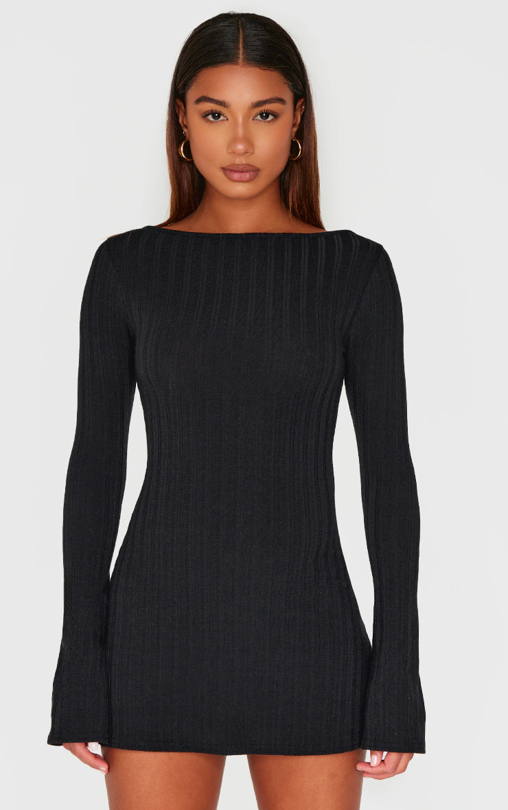 Black Wide Rib Flared Sleeve Shift Dress | Dresses | PrettyLittleThing US