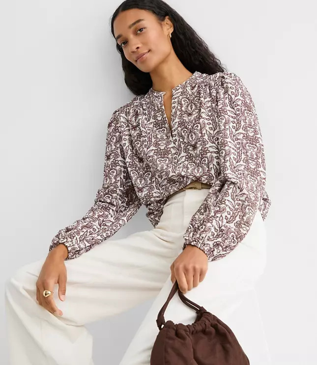 Lace Garden Crinkle Knit Split Neck Blouse | LOFT