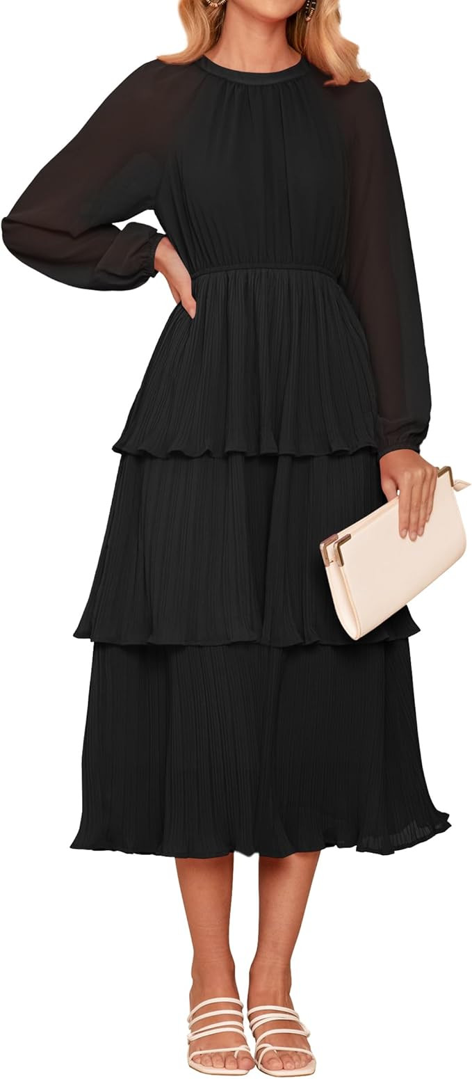 ZESICA Women's 2024 Long Sleeve Crew Neck Ruffle Tiered Layered Chiffon Flowy Swing Long Midi Dre... | Amazon (US)