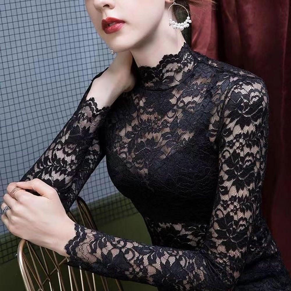 Women's Floral Lace Top Long Sleeve Mock See Through Mesh Underwear Blouse Shirt S-L | Amazon (US)