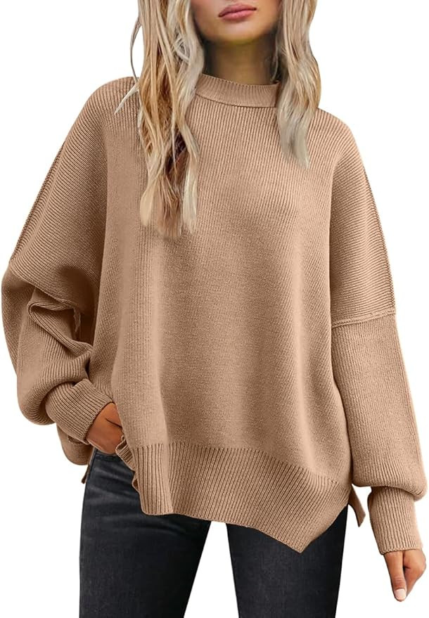 LILLUSORY Women's Oversized Batwing Sweaters 2024 Fall Outfits Crewneck Ribbed Knit Side Slit Tre... | Amazon (US)