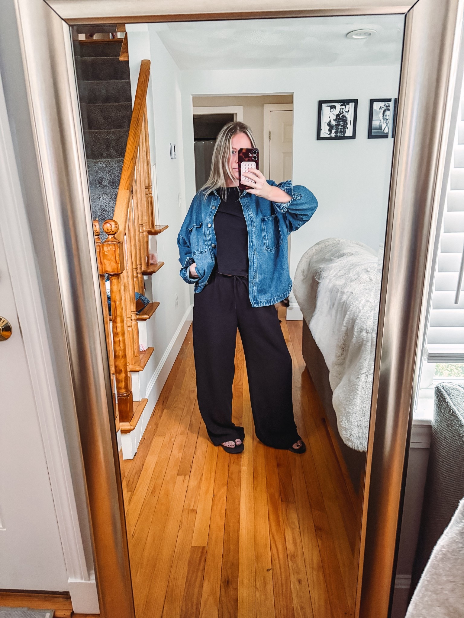 drapey crepe black wide leg pants 
Wearing S reg length. (I did hem slightly!)
BEST boxy tee. Doesn’t fade//flatters arms 
Denim button up 

#LTKSaleAlert #LTKMothersDay #LTKootd