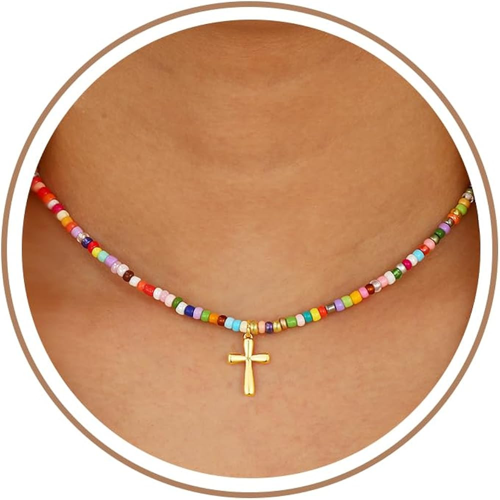 Colorful Beaded Cross Necklace for Girls Women, First Communion Confirmation 14K Gold Plated Pend... | Amazon (US)