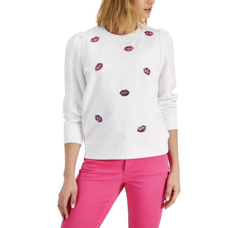 Charter Club Women's Crewneck Sequin Lip Sweatshirt Bright White Size L | Walmart (US)