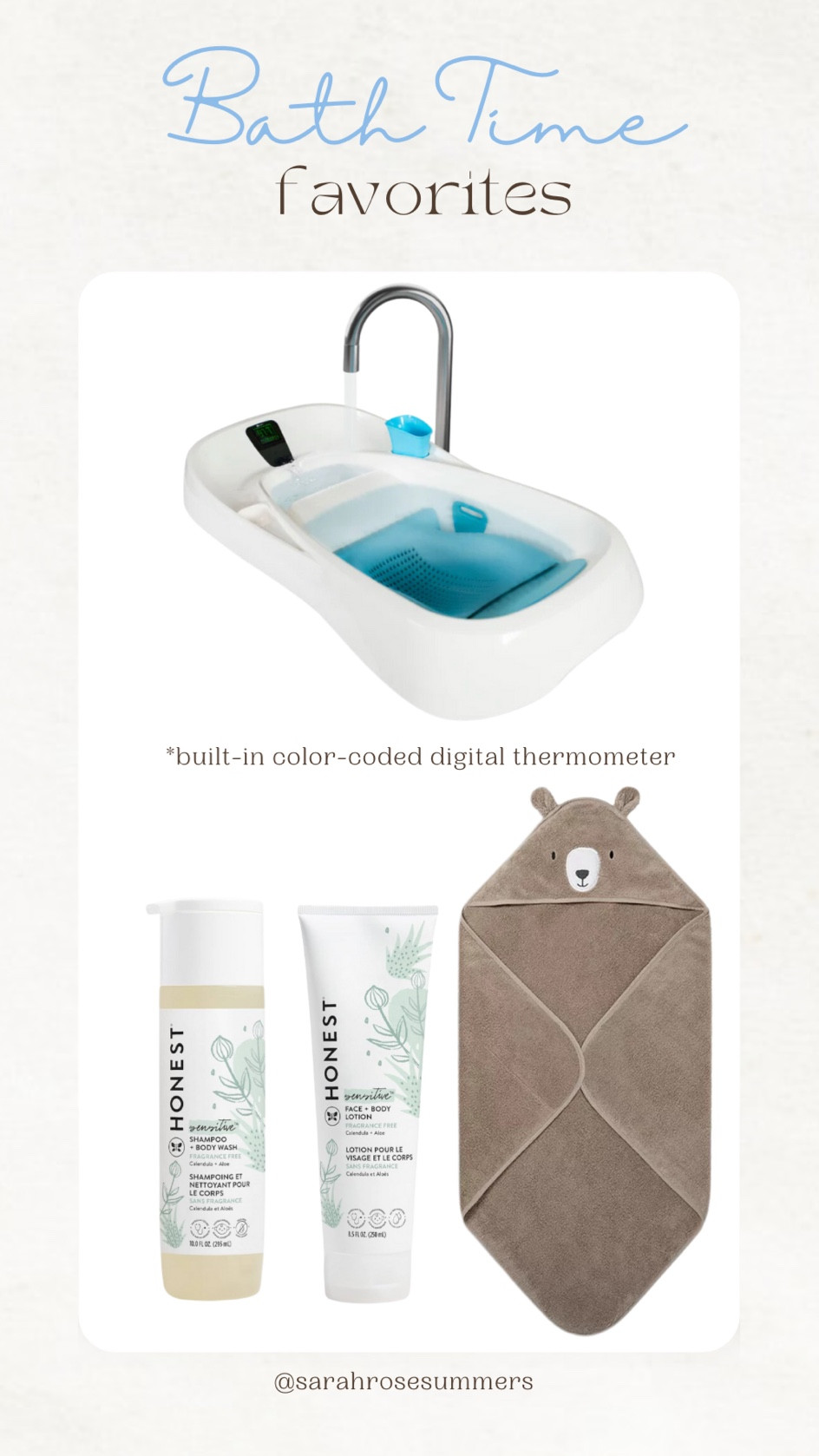 Baby bath time favorites. 4moms built in comfort thermometer bathtub with newborn insert, Honest sensitive skin wash and lotion, and cozy cute hooded towel. 

#LTKhome #LTKbaby #LTKbump