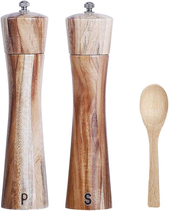 Wooden Salt and Pepper Grinder Set, Manual Pepper Mill with Wood Spoon, Adjustable Coarseness and... | Amazon (US)