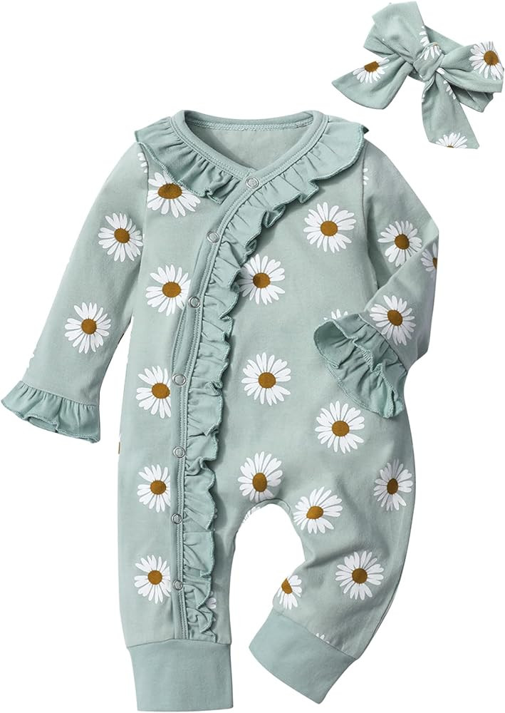 Infant Newborn Baby Girl Clothes Onesies for Baby Girl Long Sleeve Ruffle Baby Clothes with Headb... | Amazon (US)