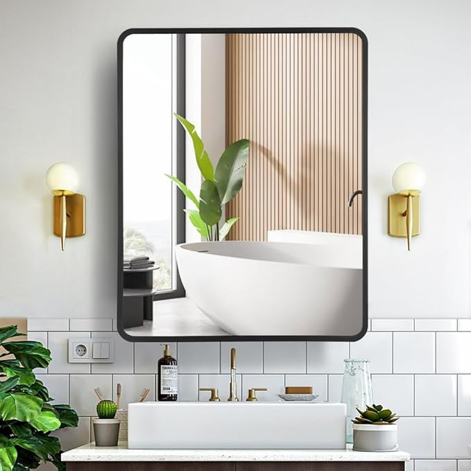 24 Inch x 30 Inch Black Metal Framed Bathroom Mirror Medicine Cabinet Rectangle Tilting Beveled V... | Amazon (US)