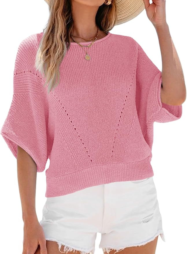Saodimallsu Womens Short Batwing Sleeve Sweater Tops Crochet Knit Crew Neck Loose Casual Summer P... | Amazon (US)