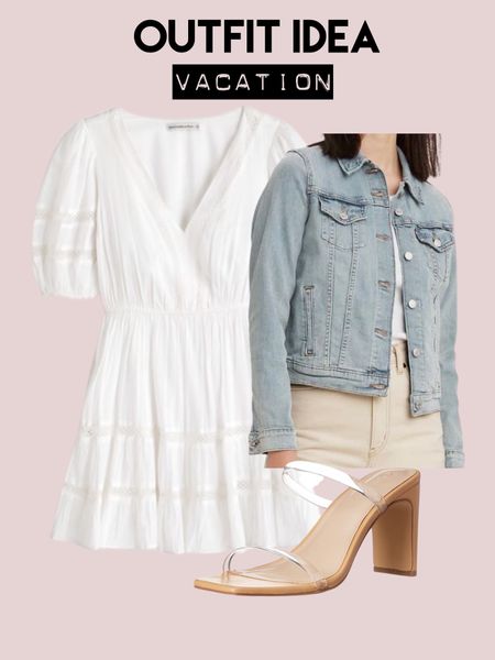 White vacation dress clear heels denim jacket vacation looks resort wear 

#LTKunder50 #LTKsalealert #LTKunder100