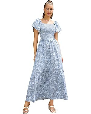 MakeMeChic Women's Floral Print Layered Short Sleeve Square Neck Ruffle High Waist A Line Summer ... | Amazon (US)