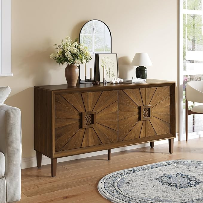 60'' Rustic Large Sideboard with 4 Doors and Adjustable Shelves, Heavy-Duty Antique Wood Entryway... | Amazon (US)