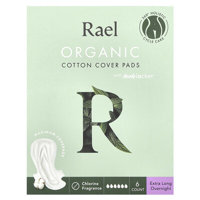 Rael, Organic Cotton Cover Pads, Extra Long Overnight, 6 Count | iHerb
