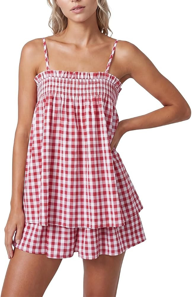 Aopwsrlyi Women Gingham Two Piece Set Ruffle Babydoll Tank Top and Matching Shorts Pajama Set Sum... | Amazon (US)