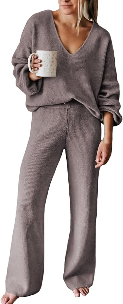 Viottiset Women's 2 Piece Outfits Casual V Neck Knit Wide Leg Sweater Lounge Set Sweatsuit | Amazon (US)
