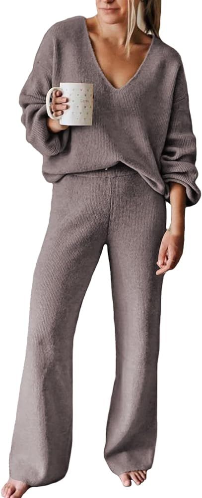 Viottiset Women's 2 Piece Outfits Sweater Lounge Set V Neck Knit Top Wide Leg Pants Sweatsuit Pur... | Amazon (US)