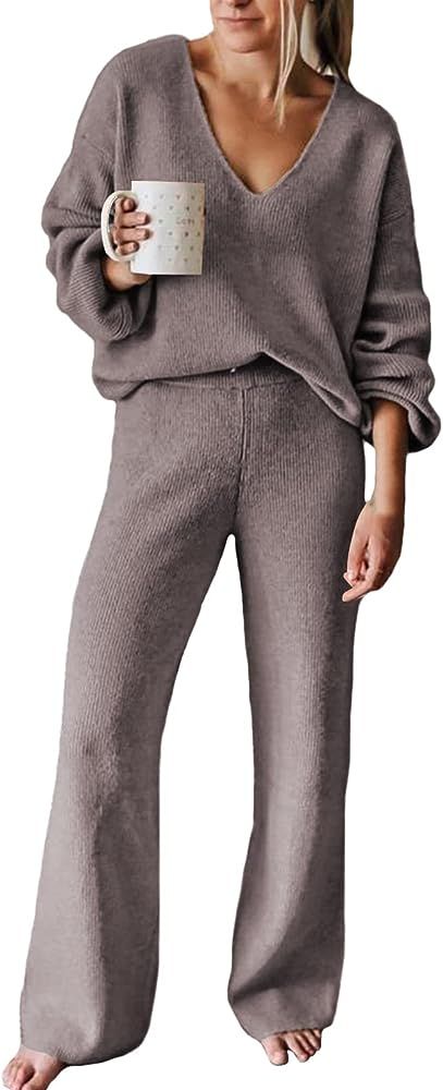 Viottiset Women's 2 Piece Outfits Sweater Lounge Set V Neck Knit Top Wide Leg Pants Sweatsuit Pur... | Amazon (US)