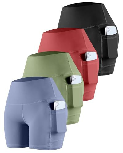 CHRLEISURE Womens Biker Yoga Shorts with Pockets: High Waisted Tummy Control Spandex Workout Athletic Gym Shorts 4 Packs (5“ BlackRedGreenBlue, L) | Amazon (US)
