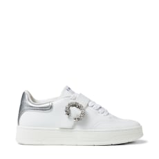 White Calf Leather and Silver Metallic Nappa Low Top Trainers with Crystal Buckle | Jimmy Choo (US)