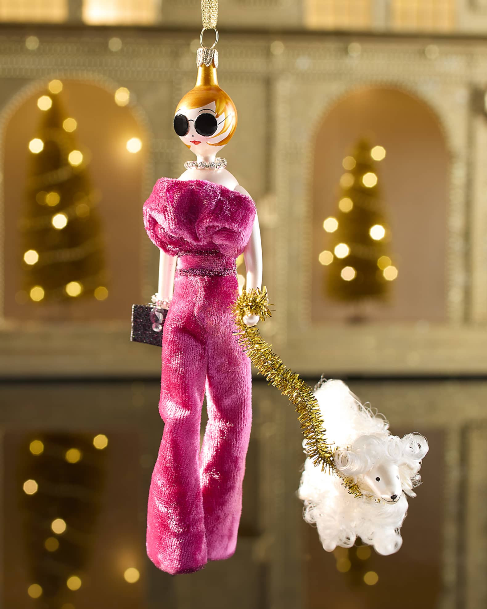 Fashionista in Pink Jumpsuit with Dog Christmas Ornament | Neiman Marcus