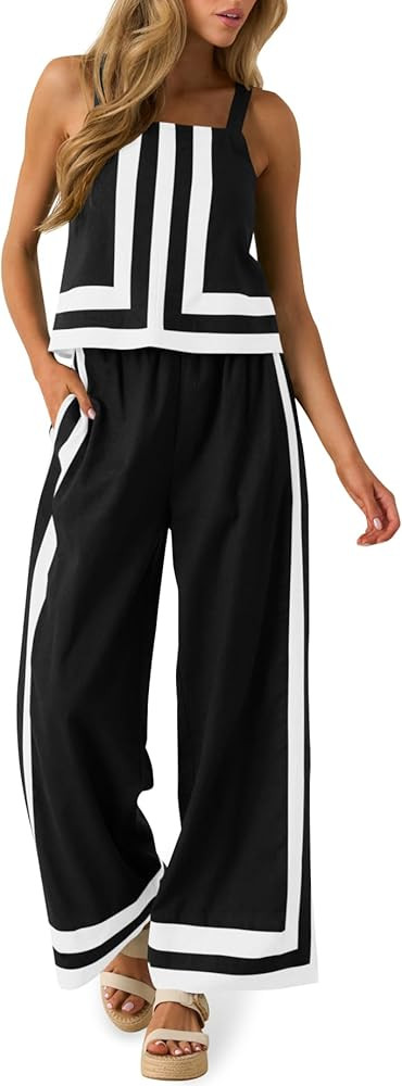 Tankaneo Womens 2 Piece Lounge Set Summer Casual Color Block Cami Top Wide Leg Pants Set Beach Va... | Amazon (US)