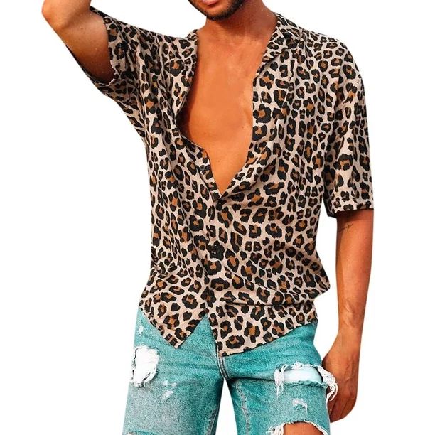 Lyinloo Men's Baggy Beach Leopard Print Short Sleeve Button Retro T Shirts Tops Blouse Brown XL | Walmart (US)