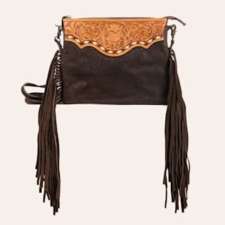Rockin' C Women's Tan Hair-On Hide Tooled Fringe Crossbody Bag | Cavender's