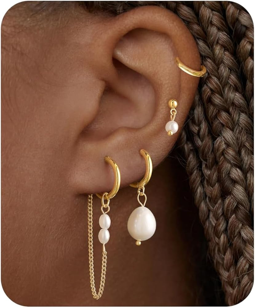 4Pairs Pearl Dangle Earrings Stacks For Women Trendy Drop Chain Set Multiple Piercing Dainty 14K ... | Amazon (US)